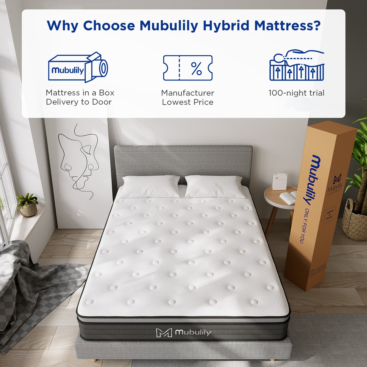 Mubulily Hybrid Mattress in a Box with Gel Memory Foam, Medium Support, CertiPUR-US, ZG001