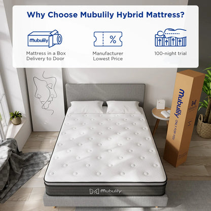 Mubulily Medium Hybrid Mattress in a Box, with Memory Foam and Pocket Coils, CertiPUR-US, ZG001