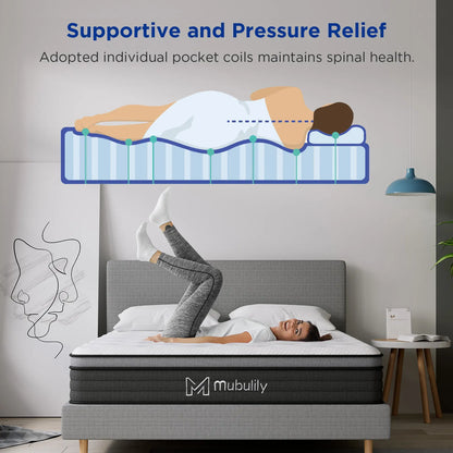 Mubulily Medium Hybrid Mattress in a Box, with Memory Foam and Pocket Coils, CertiPUR-US, ZG001