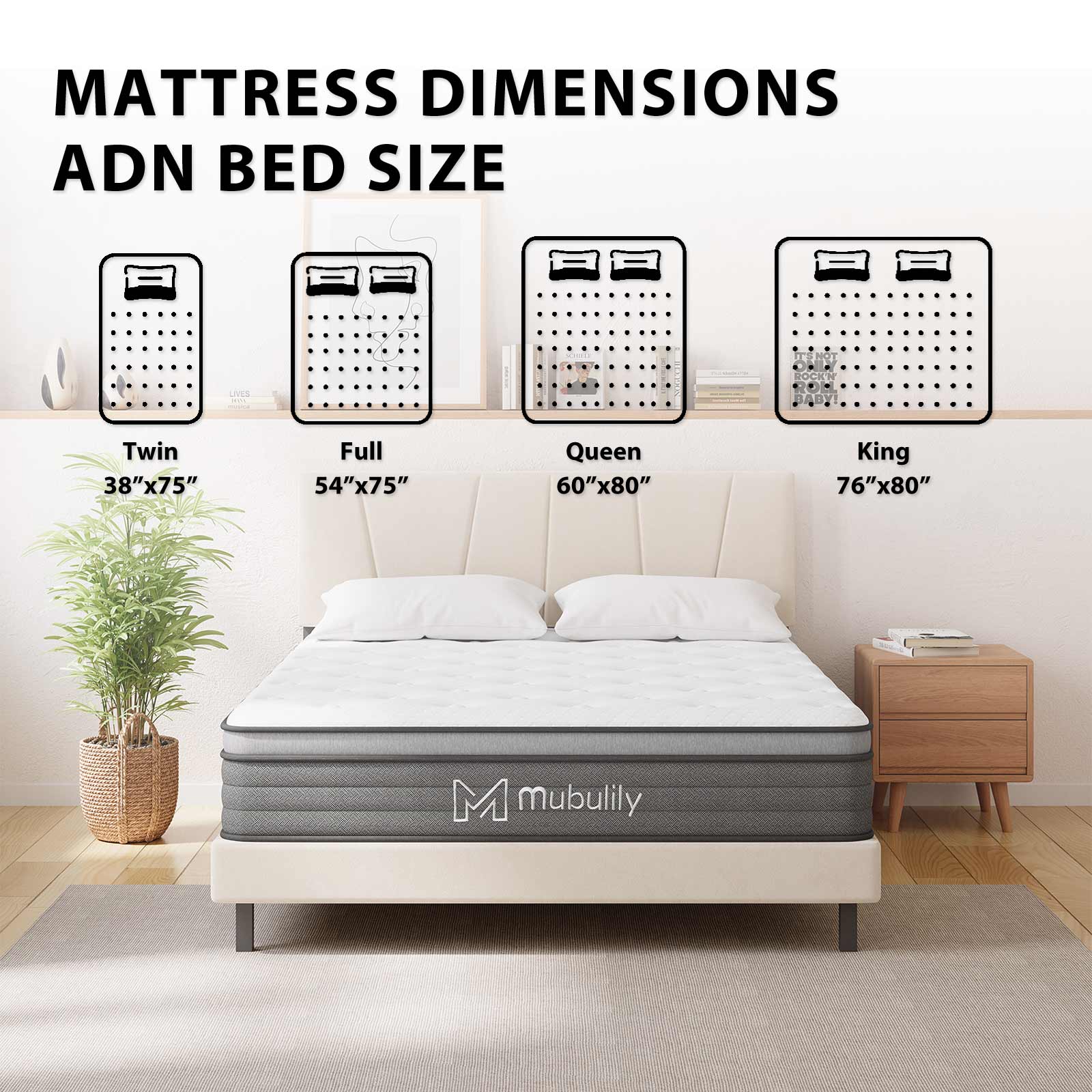 Mubulily Hybrid Mattress in a Box with Gel Memory Foam, Medium Support